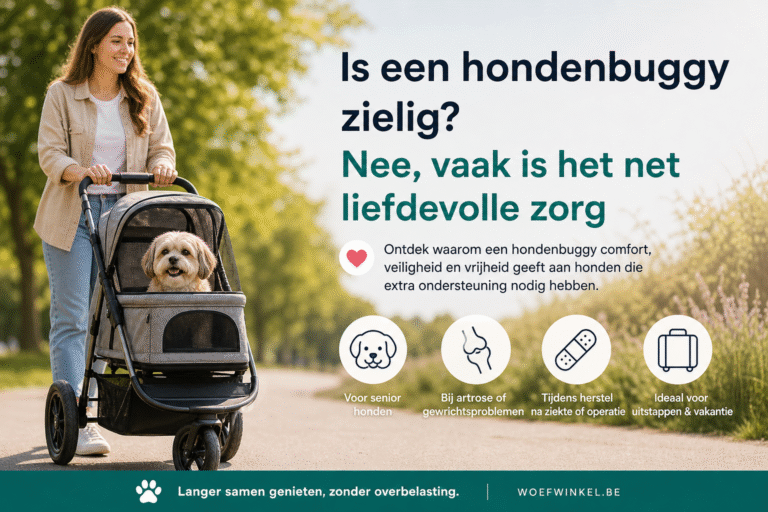 Hond zit comfortabel in hondenbuggy als liefdevolle ondersteuning tijdens wandeling