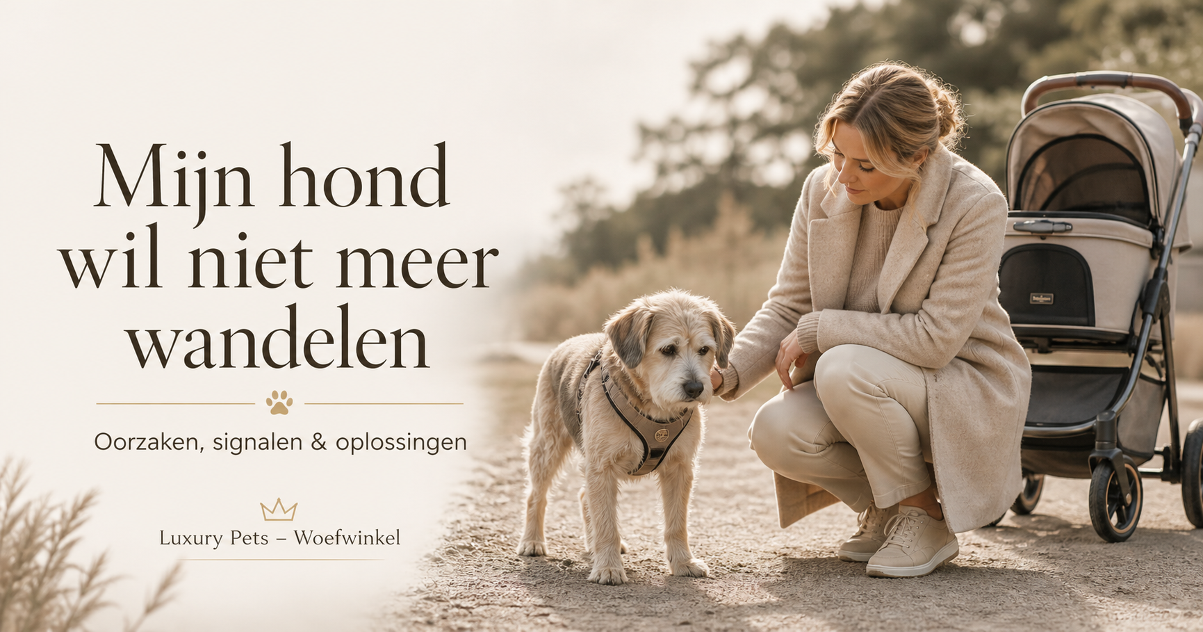 Senior hond die niet meer wil wandelen krijgt rust en ondersteuning met een hondenbuggy
