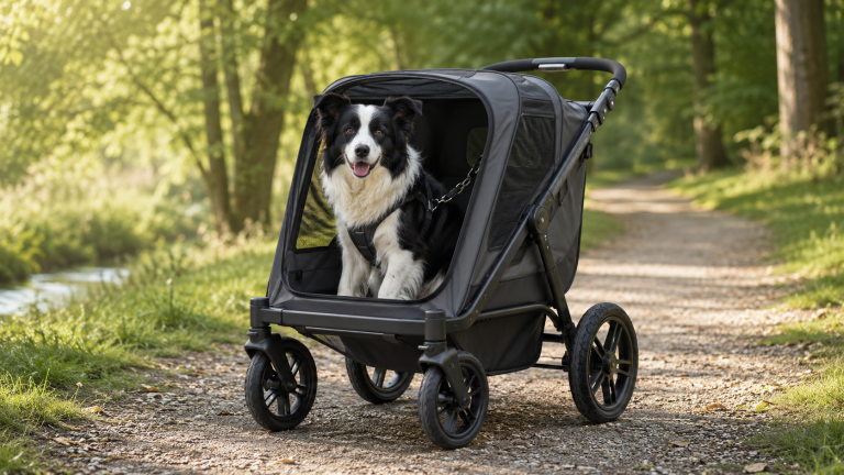 Border Collie veilig in een ruime hondenbuggy op een bospad