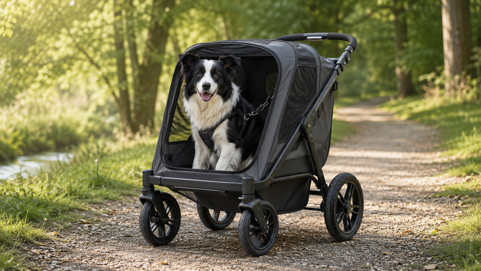 Border Collie veilig in een ruime hondenbuggy op een bospad