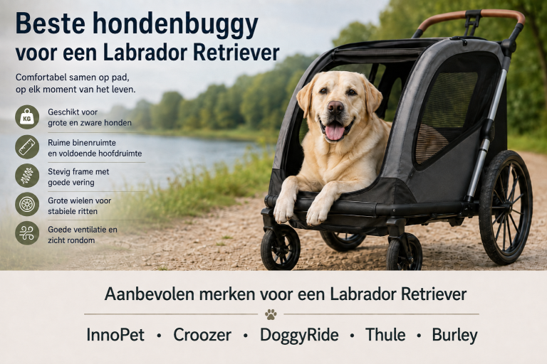Labrador Retriever zit comfortabel in een ruime hondenbuggy op een wandelpad in de natuur, met tekst over de beste hondenbuggy’s voor een Labrador Retriever en aanbevolen merken.