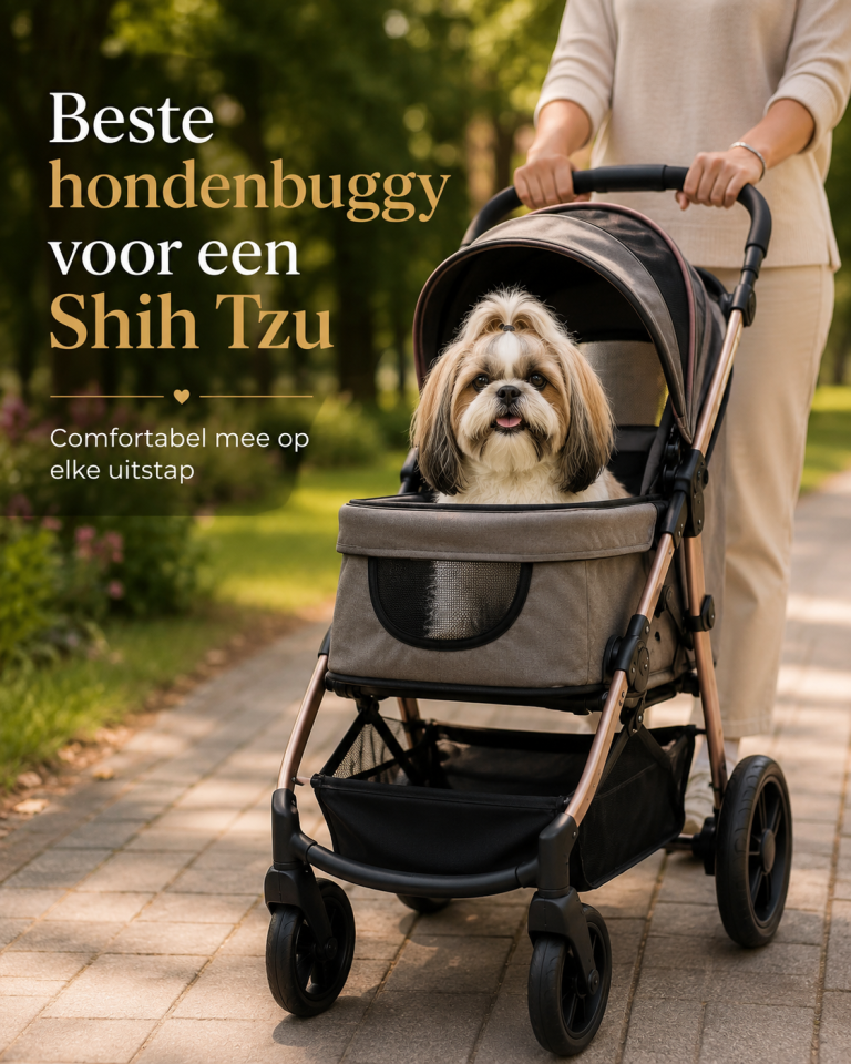 Shih Tzu comfortabel in een hondenbuggy tijdens een wandeling in het park.