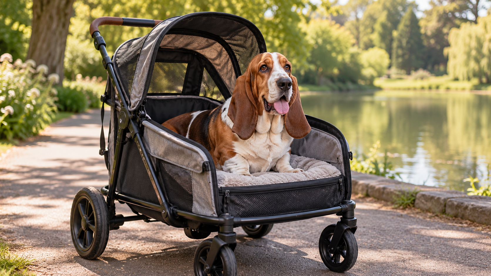 Basset Hound in hondenbuggy tijdens wandeling