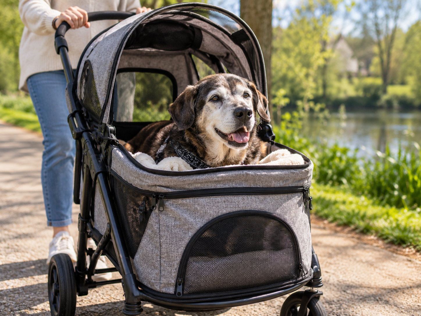 Oudere hond comfortabel in hondenbuggy tijdens wandeling