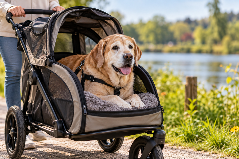 Hond met artrose comfortabel in hondenbuggy tijdens wandeling